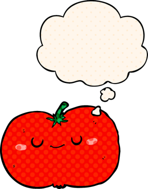 Çizgi roman tarzında bir insan tarafından çizilmiş düşünce baloncuklu çizgi film elması.