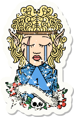 Ağlayan elf barbar karakterinin grunge sticker 'ı. İnsan tarafından çizilmiş bir d20 ruloya bak.