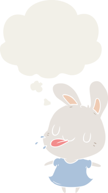 Düşünce baloncuklu çizgi film tavşanı insan tarafından çizilmiş.