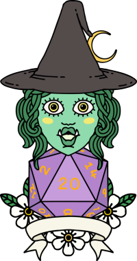 Retro Dövme Biçimi Bir insan tarafından çizilmiş doğal 20 zarlı yarı ork cadı karakteri