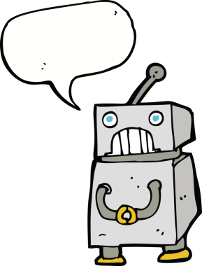 Bir insan tarafından çizilmiş konuşma balonu olan çizgi film robotu.
