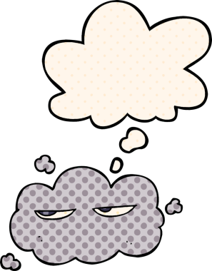 Bir insan tarafından çizilmiş çizgi roman tarzında düşünce baloncuğu olan şirin bir çizgi film bulutu.