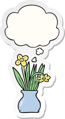 Düşünce baloncuklu saksıdaki karikatür çiçeği insan tarafından çizilmiş bir çıkartma gibi.