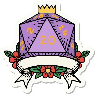 Bir insan tarafından çizilmiş 20 kritik vuruşluk D20 zar etiketi.