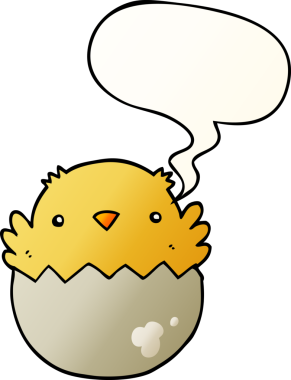 Karikatür civcivi yumurtadan çıkıyor, konuşma baloncuğuyla bir insan tarafından çizilmiş gibi.