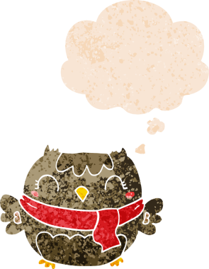 Bir insan tarafından çizilmiş grunge sıkıntılı retro biçimli düşünce baloncuğu ile sevimli çizgi film baykuşu