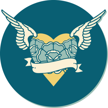 Geleneksel kalp stili dövme çıkartması. Kanatları, çiçekleri ve insan sancağıyla çizilmiş.