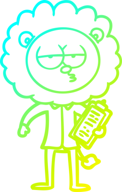 Bir çizgi film karakteri, bir insan tarafından çizilmiş sıkılmış bir aslan yöneticisidir.