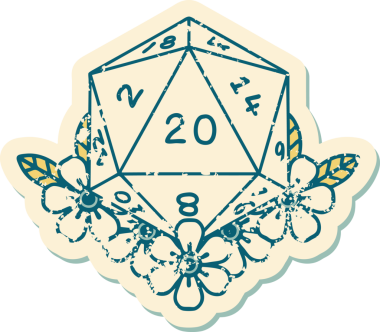 Retro Dövme Biçimi Doğal 20 D20 zar bir insan tarafından çizilmiş çiçek elementleriyle