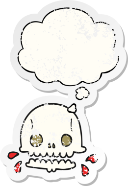 İnsan tarafından çizilmiş yıpranmış bir çıkartma gibi, düşünce baloncuklu karikatür ürkütücü kafatası.