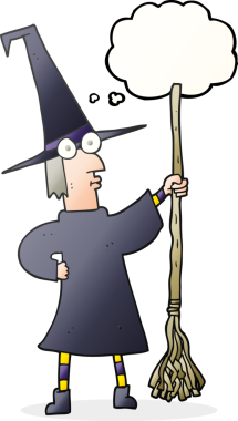 Bir insan tarafından çizilmiş süpürgeyle serbest çizilmiş düşünce balonu karikatürü cadısı.