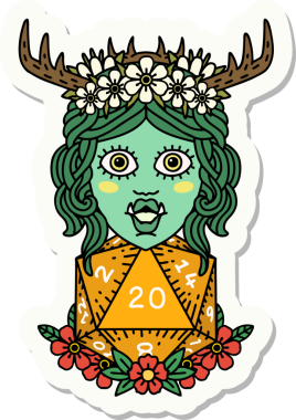 Bir insan tarafından çizilmiş 20 zarlı yarı ork Druid çıkartması.