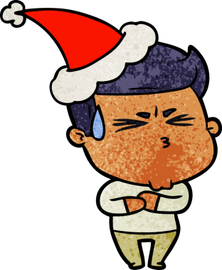 Hayal kırıklığına uğramış, Noel Baba şapkası takmış bir adamın el çizimi bir insan tarafından çizilmiş bir karikatürü.