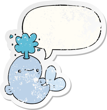 Çizgi film balinası konuşma baloncuğuyla su püskürtüyor. Bir insan tarafından çizilmiş sıkıntılı eski bir çıkartma.