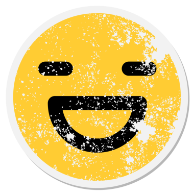 Bir insan tarafından çizilmiş basit mutlu yüz dairesel etiketi.