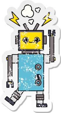 Bir insan tarafından çizilmiş sevimli bir robot çizgi film çıkartması.
