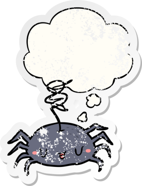 Düşünce baloncuğu olan çizgi film örümceği insan tarafından çizilmiş yıpranmış bir çıkartma.