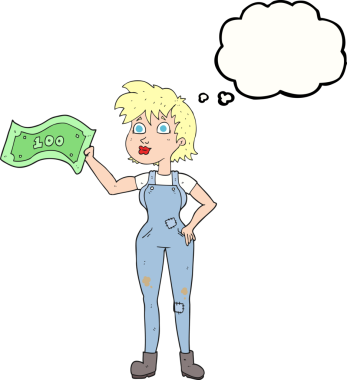 Serbest çizim düşünce balonu karikatürü. Kendine güveni olan, bir insan tarafından çekilen paralı bir çiftçi kadın.