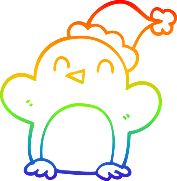 Gökkuşağı gradyan çizgisi insan tarafından çizilmiş noel şapkası giyen penguen çizimi