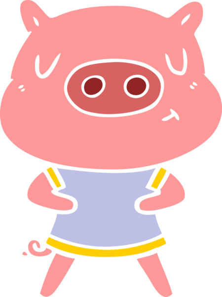 Düz renkli çizgi film içerikli domuz bir insan tarafından çizilmiş tişört giyiyor.