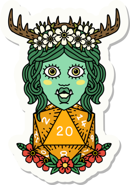 Bir insan tarafından çizilmiş 20 zarlı yarı ork Druid çıkartması.