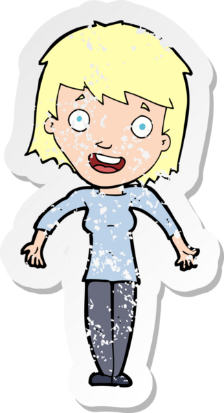 Bir insan tarafından çizilmiş omuzlarını silken karikatürlü bir kadının gerilmiş çıkartması.