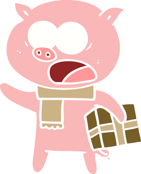 Düz renkli çizgi film domuzu. Bir insan tarafından çizilmiş Noel hediyesi.