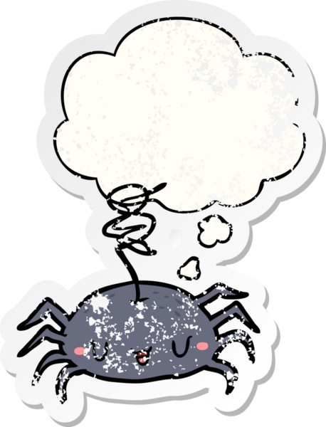 Düşünce baloncuğu olan çizgi film örümceği insan tarafından çizilmiş yıpranmış bir çıkartma.