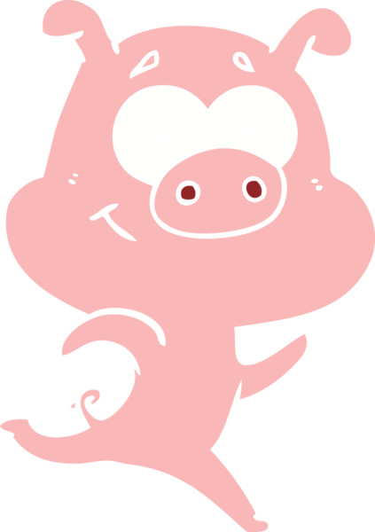 Bir insan tarafından çizilmiş mutlu düz renkli çizgi film domuz.