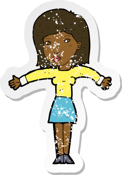 Bir insan tarafından çizilmiş omuzlarını silken karikatürlü bir kadının gerilmiş çıkartması.