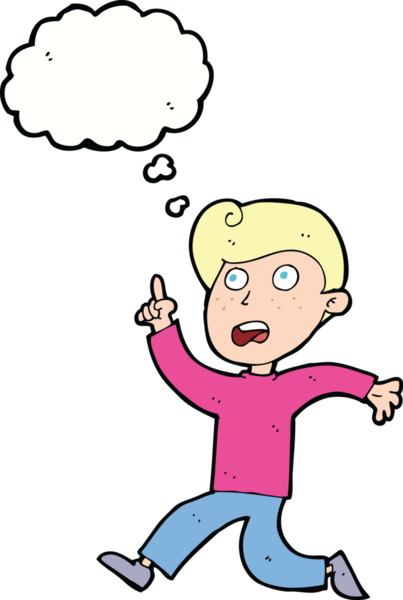 Bir insan tarafından çizilen düşünce baloncuğuyla panikleyen çizgi film çocuğu.