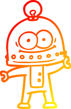 Bir insan tarafından çizilmiş ampullü mutlu bir robot çizimi.