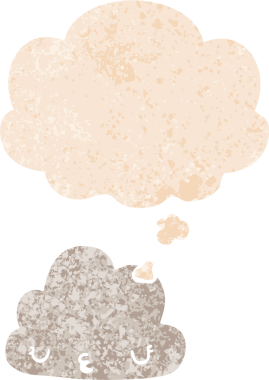 Düşünce baloncuğu ve grunge ile sevimli çizgi film bulutu bir insan tarafından çizilmiş sıkıntılı retro dokuma tarzı