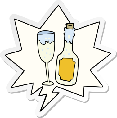 Şampanya şişesi ve bir insan tarafından çizilmiş konuşma balonu yapıştırmalı cam karikatür.