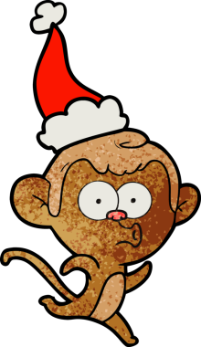 Şaşırmış bir maymunun insan tarafından çizilmiş Noel Baba şapkası giydiği el çizimi bir çizgi film.