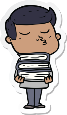 Çizgi film mankeni bir adamın çıkartması. Elinde bir insanın çizdiği kitapları tutuyor.