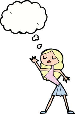 Bir insan tarafından çizilmiş düşünce baloncuğuyla dans eden çizgi film kadını.