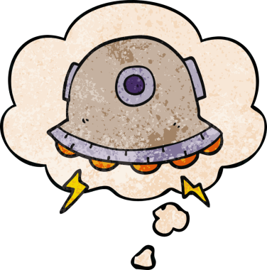 bir insan tarafından çizilmiş grunge desenli düşünce baloncuklu çizgi film UFO 'su