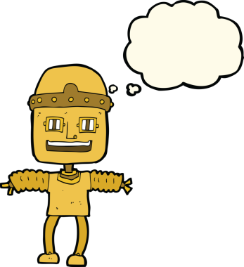 Bir insan tarafından çizilmiş düşünce baloncuklu çizgi film robotu