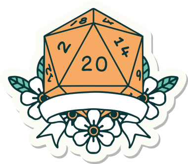 Bir insan tarafından çizilmiş 20 kritik vuruşluk D20 zar etiketi.