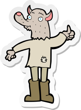 Bir insan tarafından çizilmiş komik bir kurt adamın çıkartması.