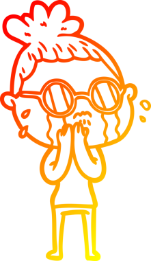 Bir insan tarafından çizilmiş gözlüklü, ağlayan bir kadının çizgi film çizimi.