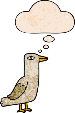 Bir insan tarafından çizilmiş grunge desenli düşünce baloncuklu çizgi film kuşu.