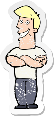 Bir insan tarafından çizilmiş sırıtan bir çizgi film karakterinin kederli retro yapıştırması.