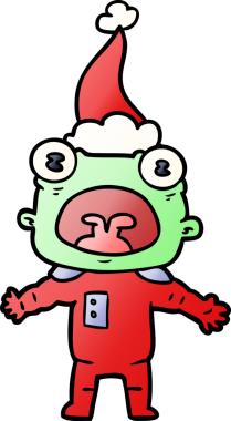 Bir insan tarafından çizilmiş Noel Baba şapkası giymiş garip bir uzaylının el çizimi karikatürü.