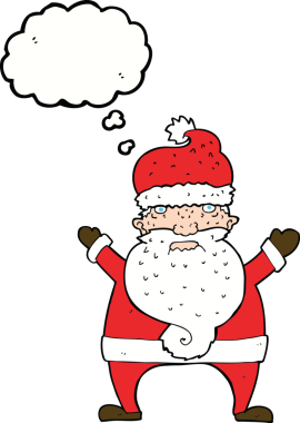 Bir insan tarafından çizilmiş düşünce baloncuklu çirkin noel baba.