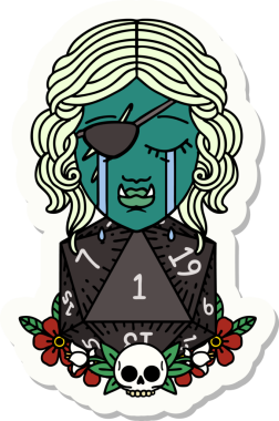 Ağlayan yarı ork haydut bir karakterin çıkartması. Bir insan tarafından çizilmiş doğal bir D20 rulosu.