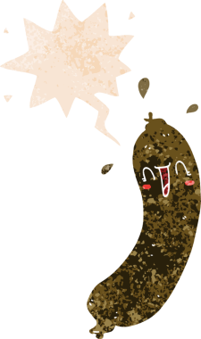 Mutlu çizgi film sosisi ve grunge içinde konuşma balonu bir insan tarafından çizilmiş sıkıntılı retro dokuma tarzı