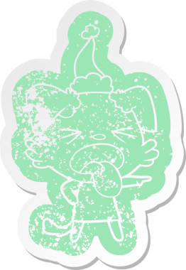 Bir insan tarafından çizilmiş Noel Baba şapkası takan tiksinmiş bir köpeğin garip bir karikatürü.