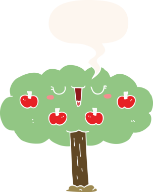 bir insan tarafından çizilmiş, konuşma baloncuklu elma ağacı.